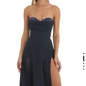 Navy Blue Strapless Sequin Maxi Dress